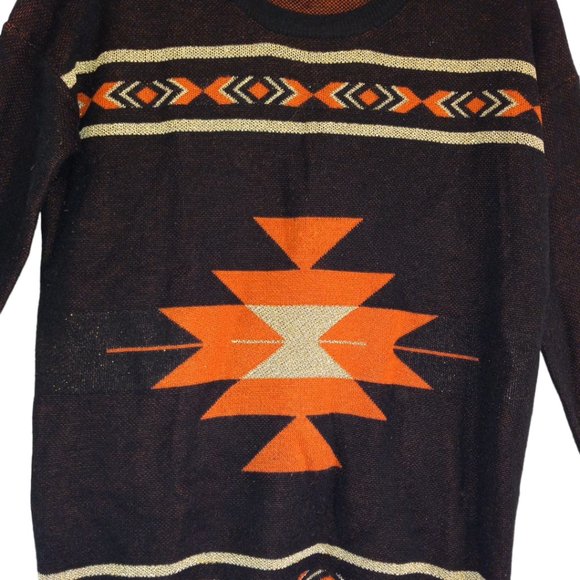 Aztec Sweater Women’s Size Small Black Orange Gold Glitter Warm Pullover - Picture 4 of 11